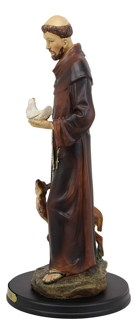 Ebros Gift Holy Catholic Saint Francis of Assisi with Dove and Deer Statue and Brass Name Plate 12.25" H Devoted Monk Patron of Animals & Environment Servant of Christ Altar Figurine Sculpture - Ebros Gift