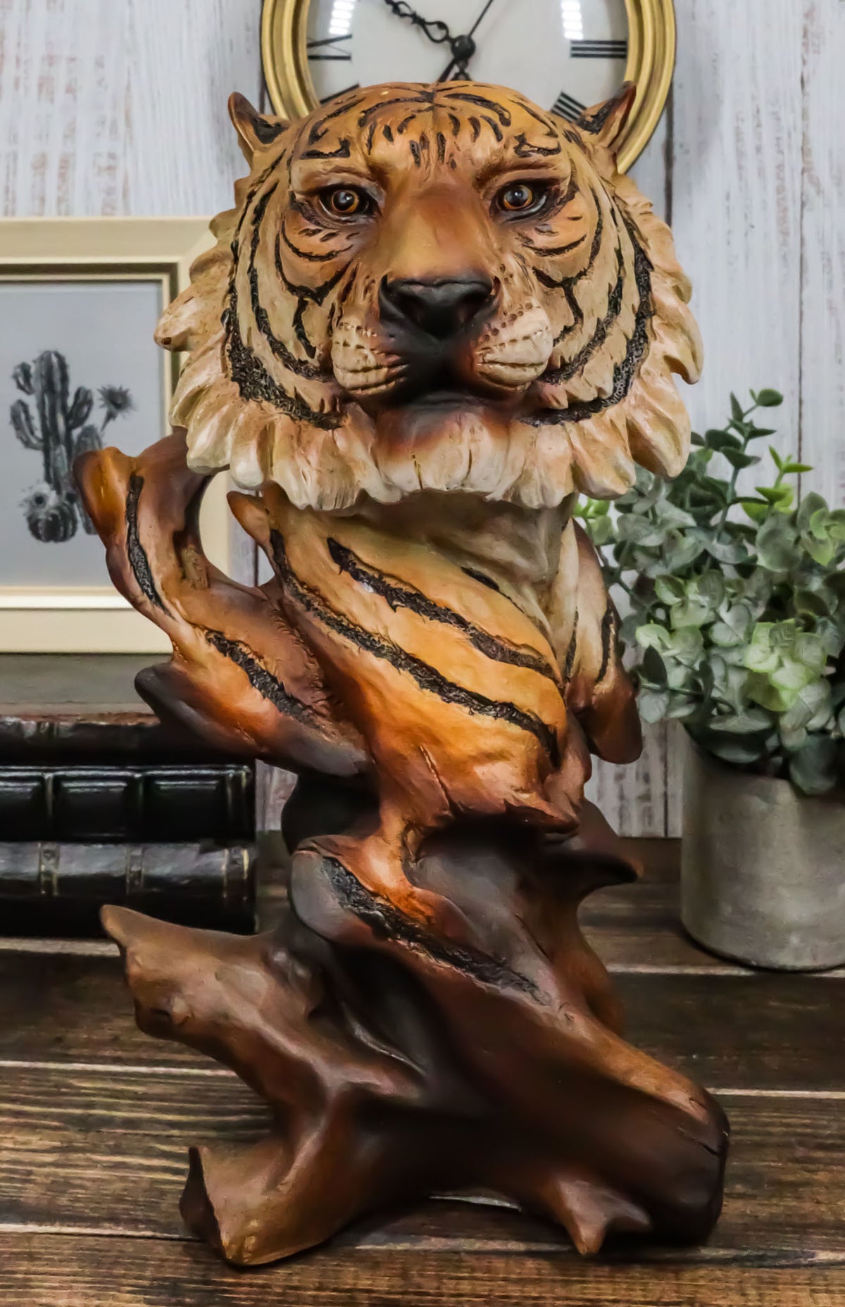 Faux Wood Large Exotic Jungle Wildlife Orange Bengal Tiger Bust Statue 11"Tall - Ebros Gift