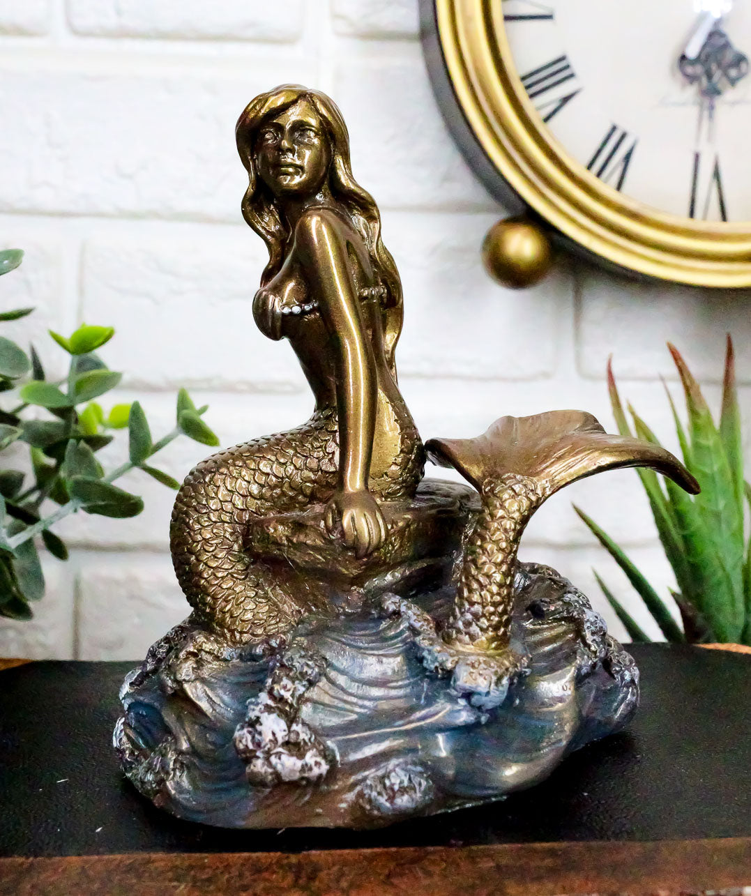 Ebros Bronze Mermaid Sitting On Rock On Sea Surface Wave Pool Figurine 4.25"H