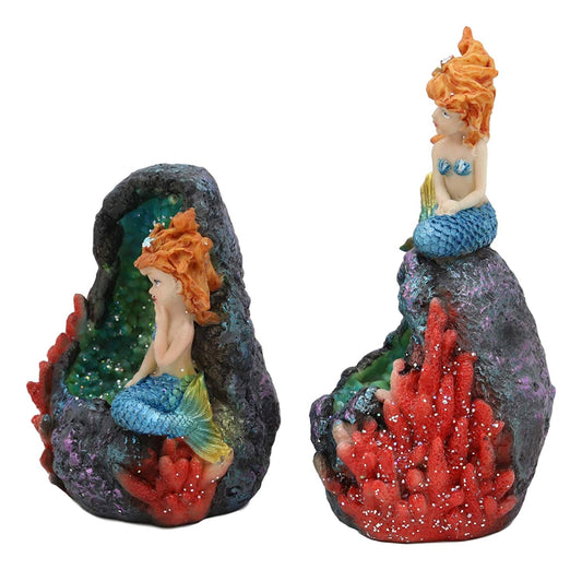 Ebros Nautical Blue Tail Mermaids With LED Light Geode Crystal Cave Figurines Set Of 2