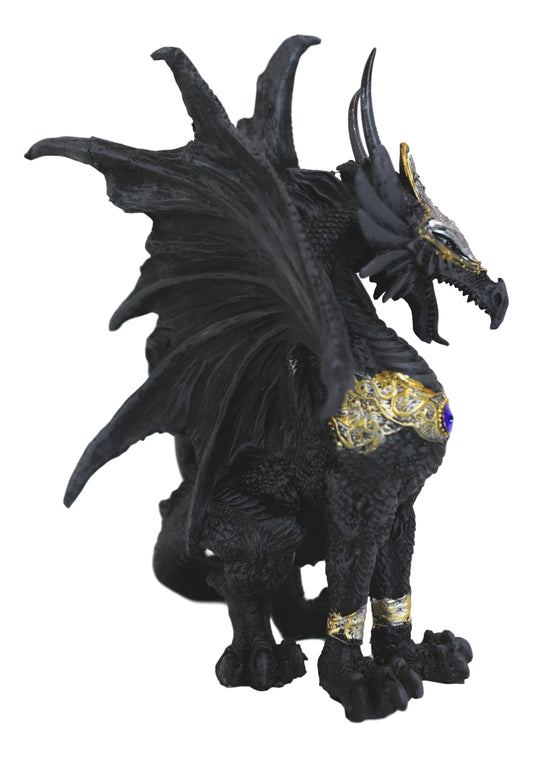 Blue Sapphire Golden Armored Combat Dragon Standing Guard In Faux Stone Statue