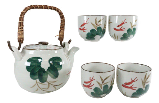Feng Shui Auspicious Koi Fish Pair In Lily Pond Ceramic Teapot & 4 Tea Cups Set