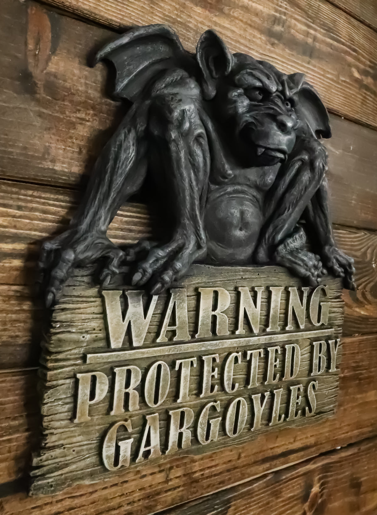 Gothic Winged Gargoyle On Warning Protected By Gargoyles Sign Wall Decor Plaque