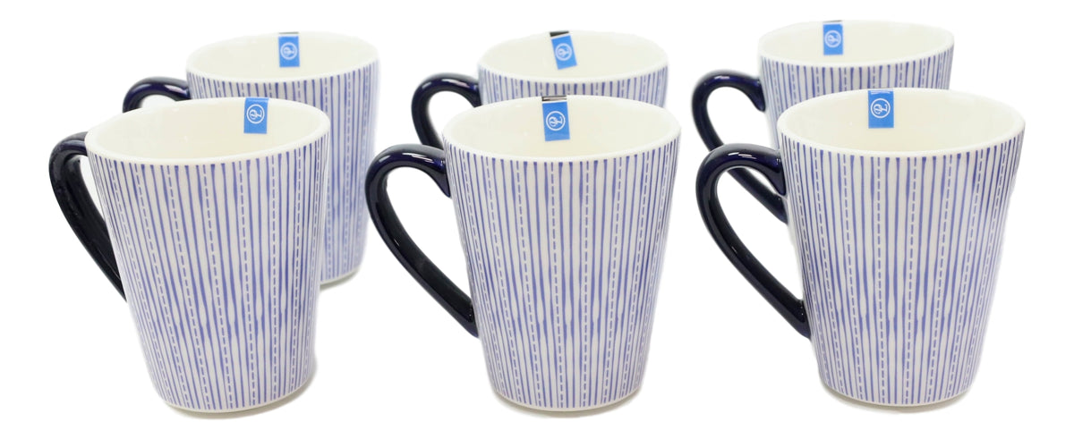 Set of 6 Eleanor Blue And White Linear Patterns Contemporary Porcelain Mugs 10oz