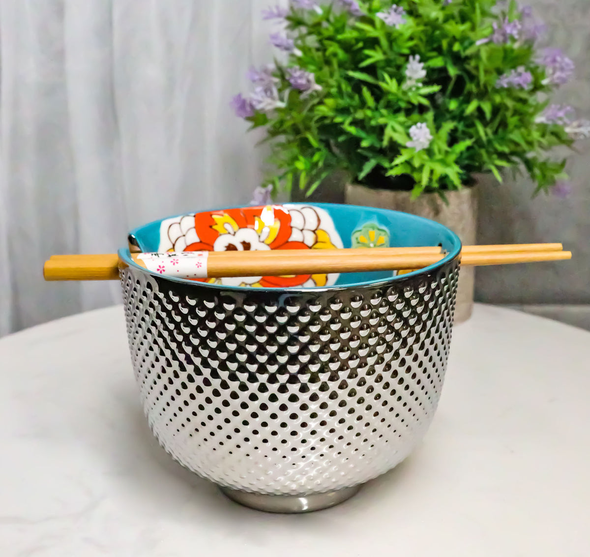 Set of 3 Luxury Ottoman Silver Plated Ramen Bowls Chopsticks Turquoise Flowers