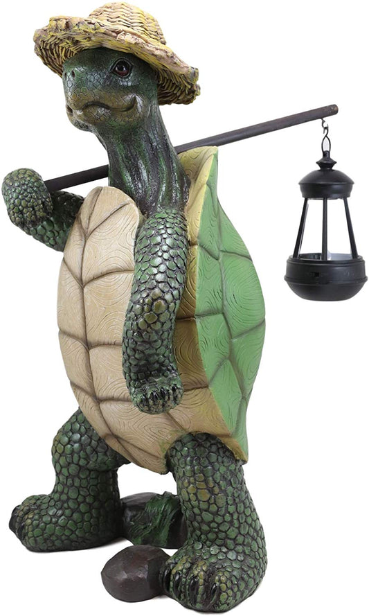 Ebros Gift Nautical Nature Lover Adventure Hiking Tortoise with Straw Hat Statue Carrying Solar Powered Lantern LED Light On A Pole Turtle Garden Yard Pool Patio Deck Home Decorative Accent