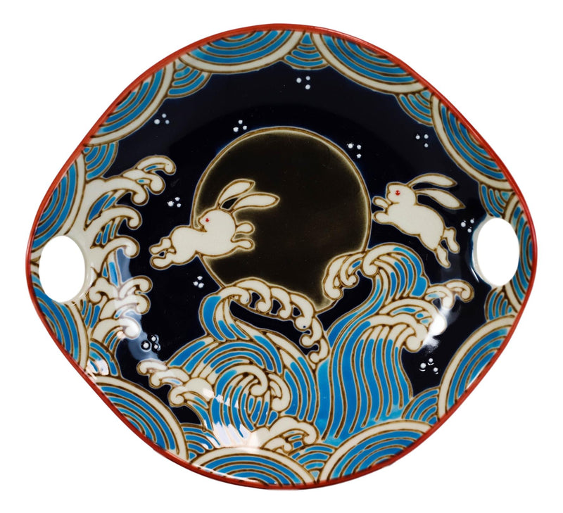 Rabbits By Black Moon Small Appetizer Coupe Plate Flat Bowl With Chopsticks Set