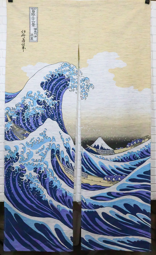 Japanese Noren Curtain Tapestry The Great Wave Off Kanagawa Mount Fuji Beige