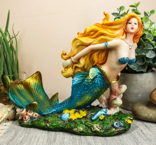 Ebros Nautical Colorful Blonde Mermaid With Shimmering Blue Tail Swimming Wine Holder