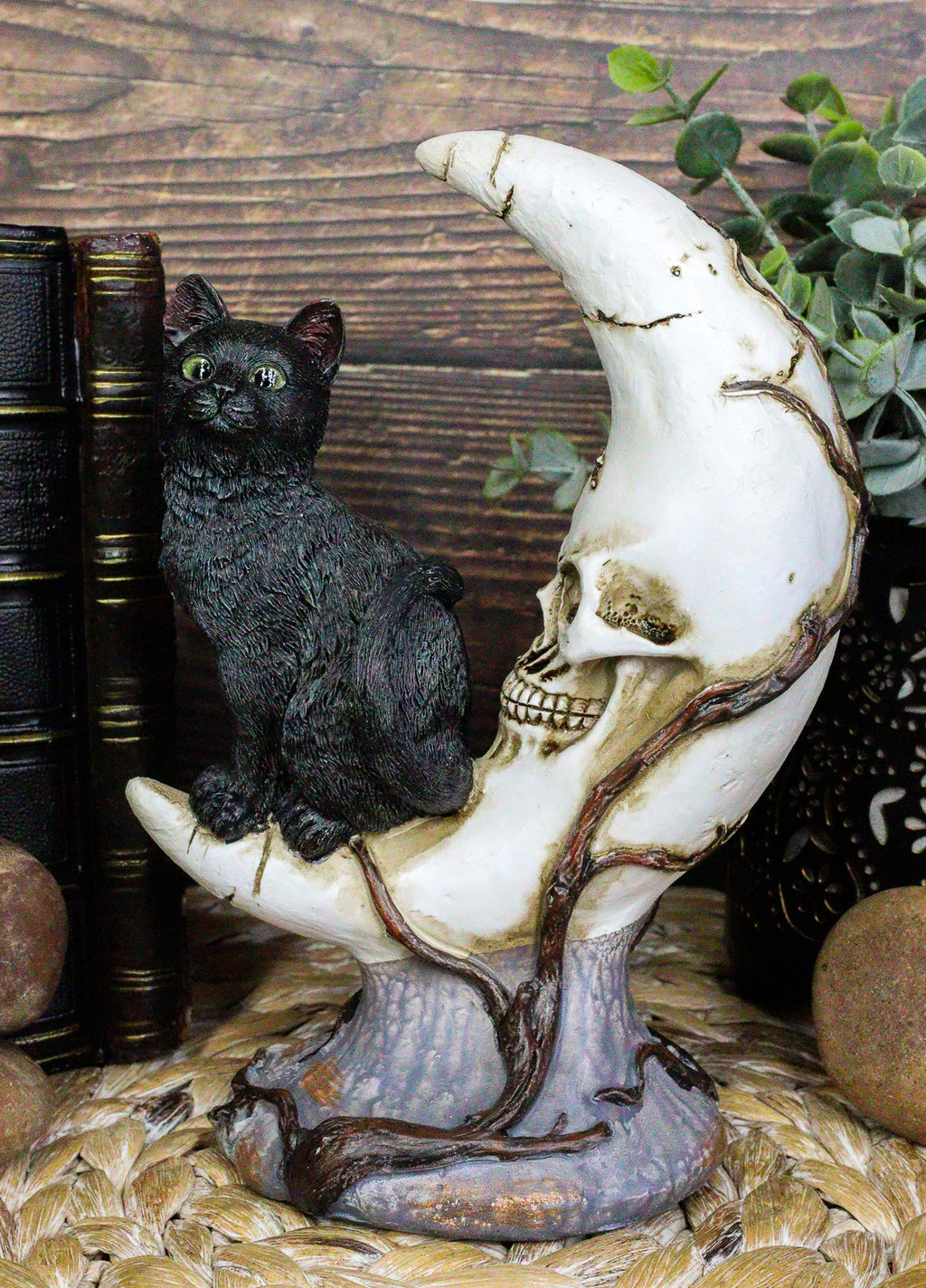Witching Hour Halloween Black Cat Sitting On Crescent Moon Skull Figur ...