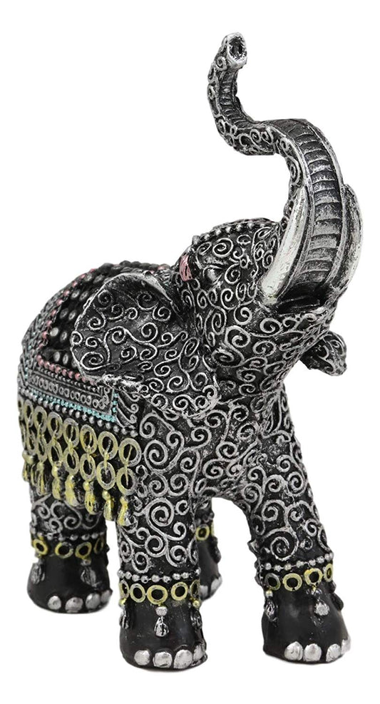 Ebros Feng Shui Scroll Art With Tapestry Pattern Trunk Up Trumpeting Elephant Statue - Ebros Gift