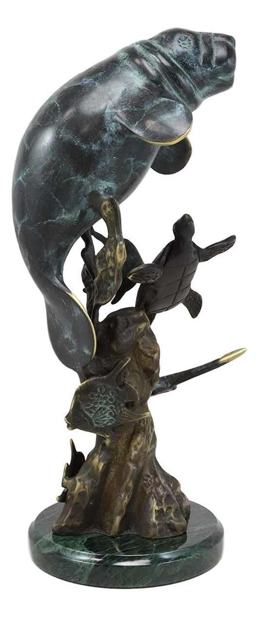 Ebros Gift Brass Metal Nautical Manatee Sea Cow with Turtle Stingray and Fishes Statue