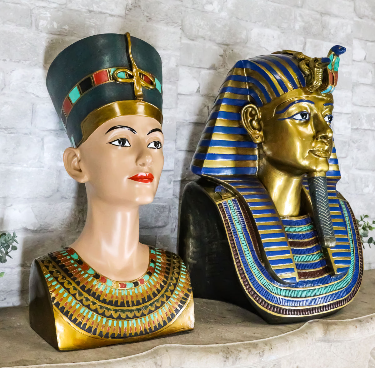 Large Egyptian Pharaoh King Tut And Queen Nefertiti Bust Statue Set Of 2 Decor