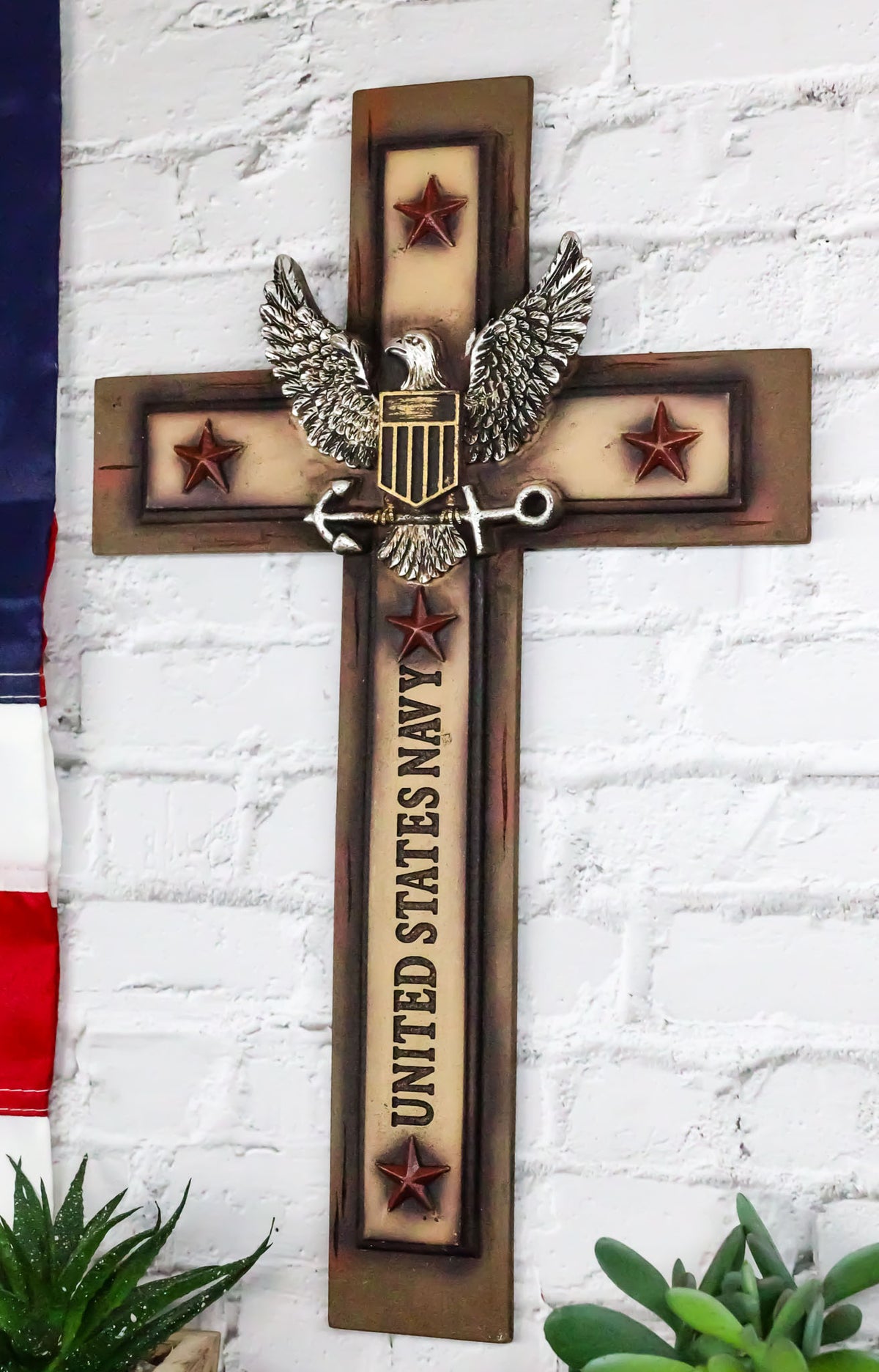 Western Rustic United States Navy with Eagle and Anchor Emblem Wall Cross Plaque - Ebros Gift