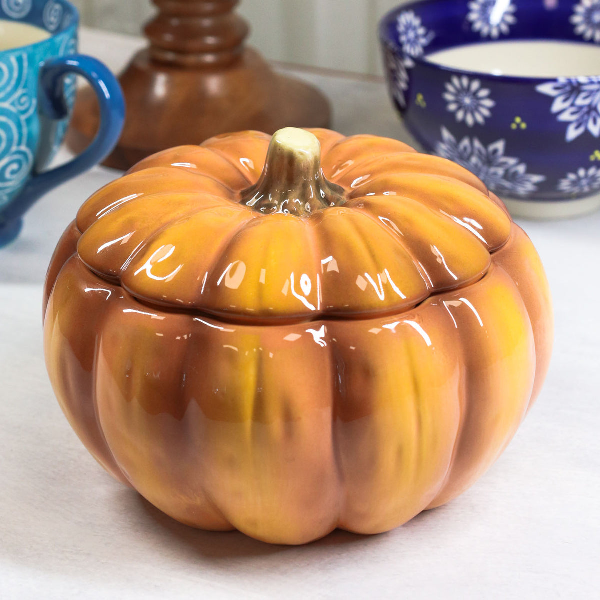 Ebros Home And Kitchen Orange Ceramic Pumpkin Soup Or Dessert Bowl With Lid Set of 6