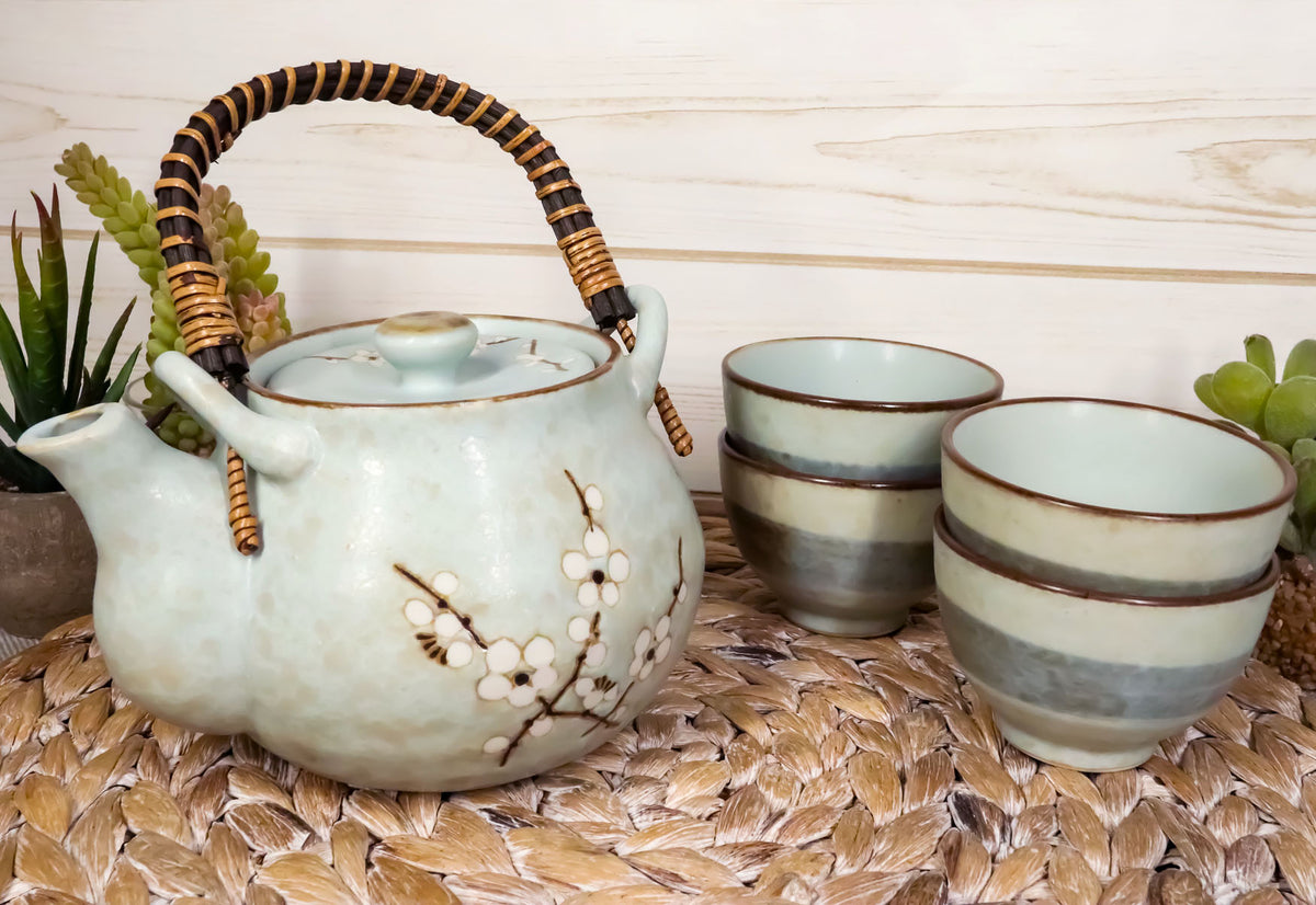 Ebros Japanese Sakura Pastel Blue Plum Cherry Blossom Porcelain Tea Pot And 4 Cups Set