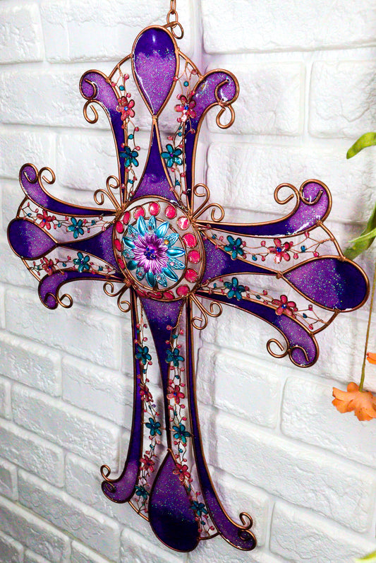 Purple Glitter Stained Glass Gemstones Copper Floral Celtic Cross Wall Decor