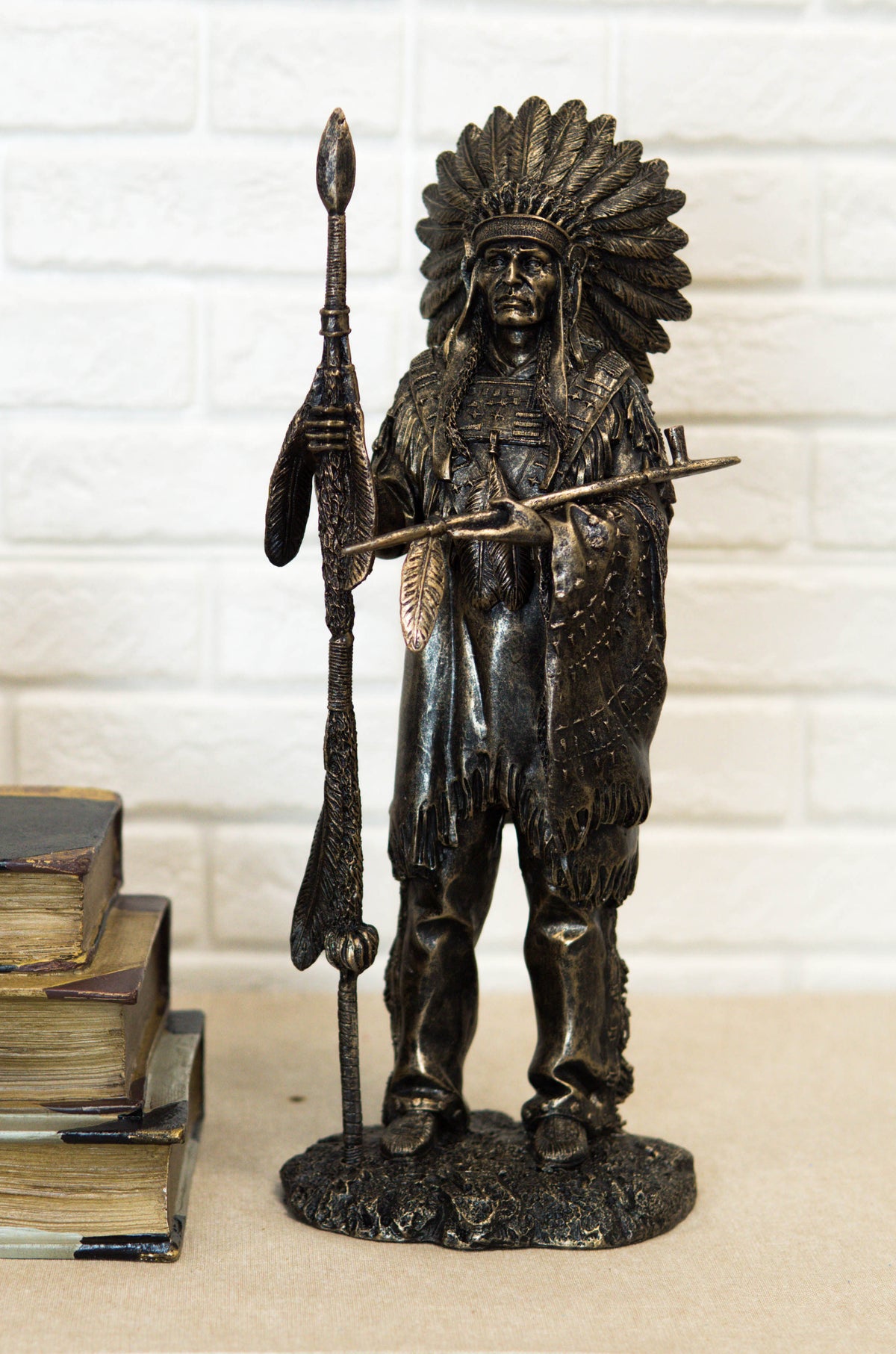 Native American Indian Chief With Eagle Roach Spear And Chalumet Pipe Statue - Ebros Gift