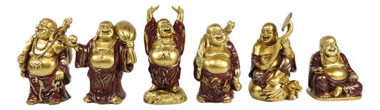 Hotei Buddha Monks Miniature Figurine Set With Rocky Mountain Temple Display