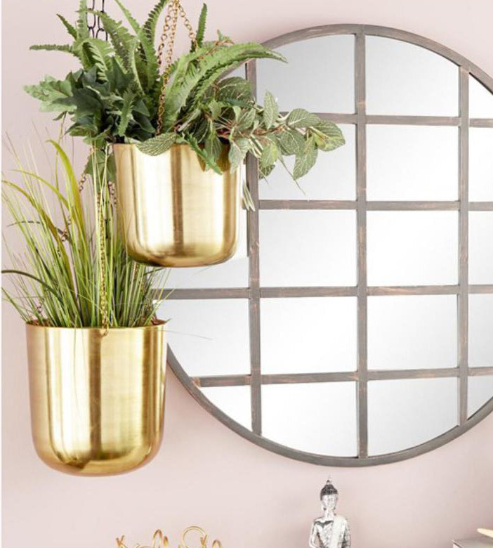 Set Of 2 Contemporary Shiny Gold Metal Hanging Dome Wall Planters With Chains