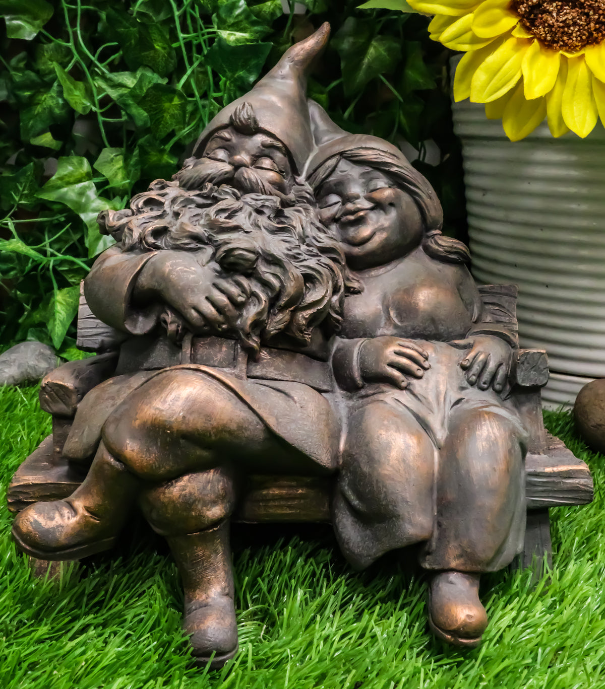 Forever Love Mr and Mrs Gnome Couple Sitting On Wooden Stool Bench Figurine