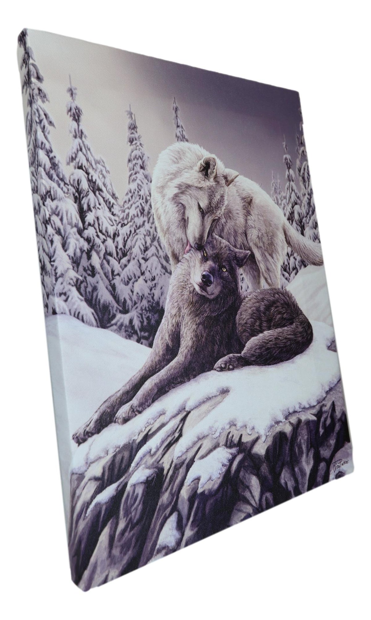 Frozen Tundra Wildlife Snow Kisses Wolf Couple Wood Framed Canvas Wall Decor