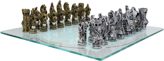 Ebros Silver and Gold King Arthur Merlin Dragons Chess Pieces with Board Set - Ebros Gift