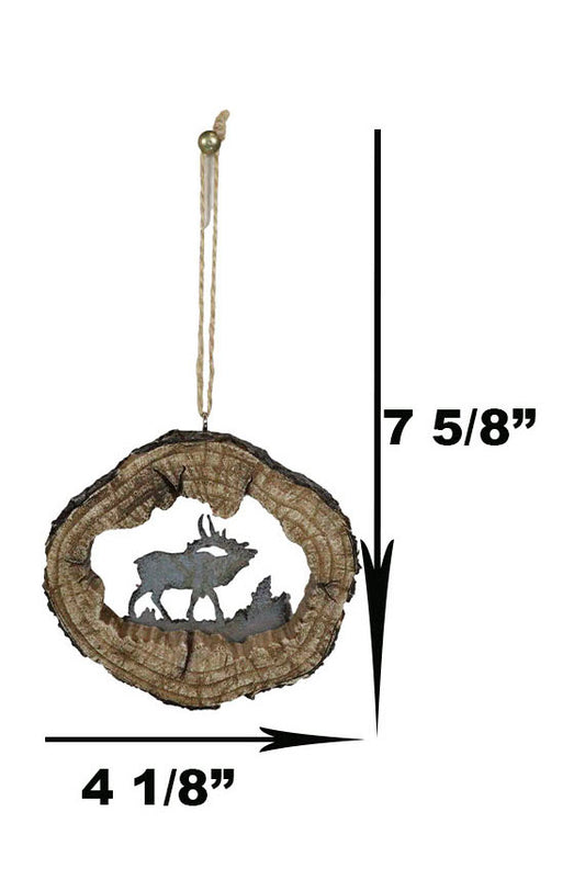 Rustic Western Elk Deer Faux Wood Log Slice Set of 4 Christmas Tree Ornaments