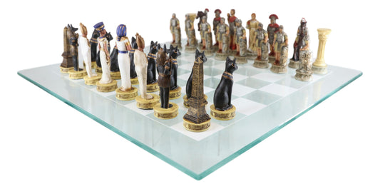 Ebros Pharaoh Egyptian VS Caesar Roman Empire Resin Chess Pieces W/ Glass Board - Ebros Gift