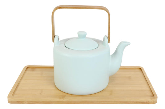 Matte Green Modern Ceramic 28oz Tea Pot With 4 Cups And Bamboo Serving Tray Set