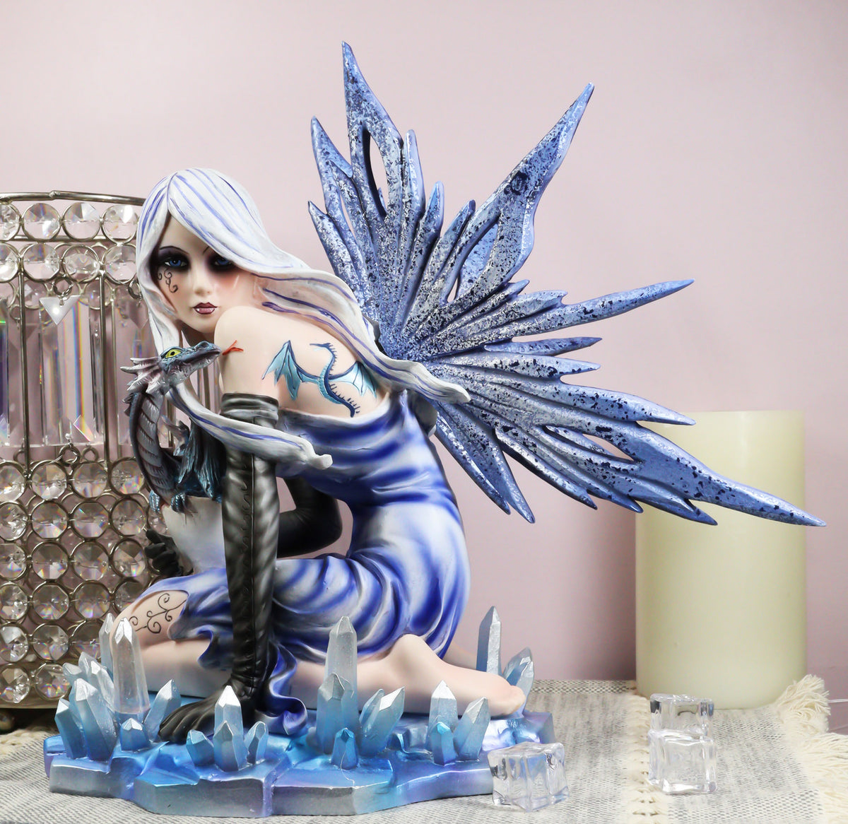 Elemental Ice Goddess Blue Fairy With Baby Dragon Hatchling Statue 12.25"Tall
