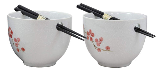 Ceramic Japanese Sakura Pink Cherry Blossoms Ramen Noodle Bowls Chopsticks Set 2