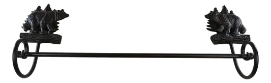 Cast Iron 24"L Rustic Forest Black Bear By Pine Trees Wall Bath Towel Bar Rack