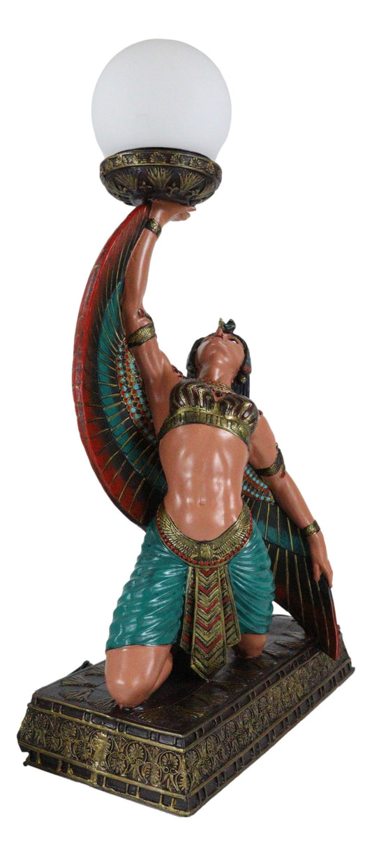 Egyptian Winged Goddess Isis Dancing Side Table Glass Orb Sphere Lamp Statue