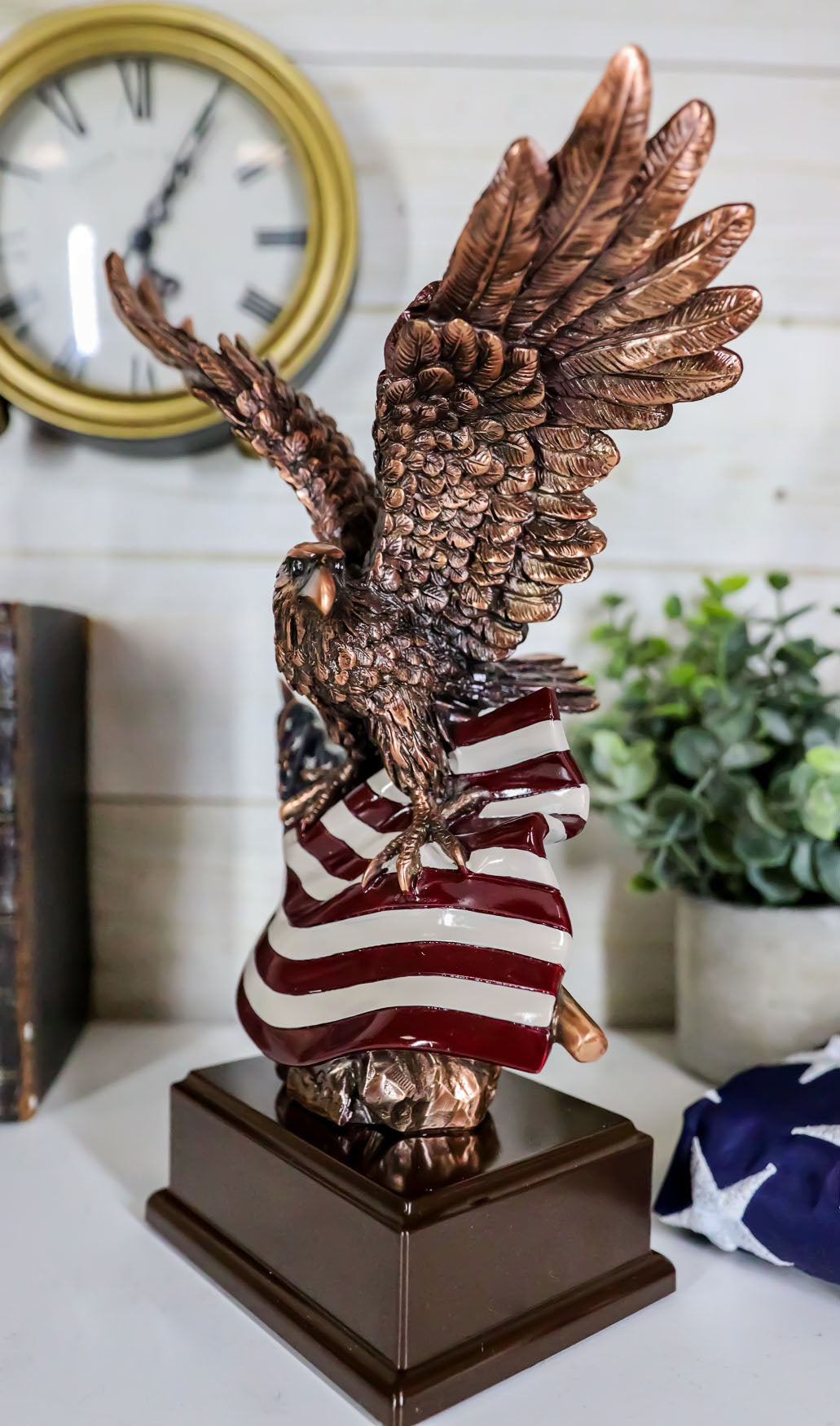Wings of Glory Bald Eagle Clutching On American Flag Statue Bronze Electroplated