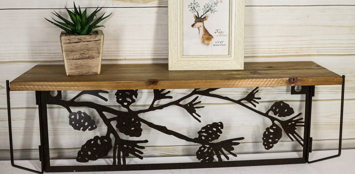 Western Rustic Forest Woodlands Pinecones Metal Cutout Wall Hanging Wood Shelf