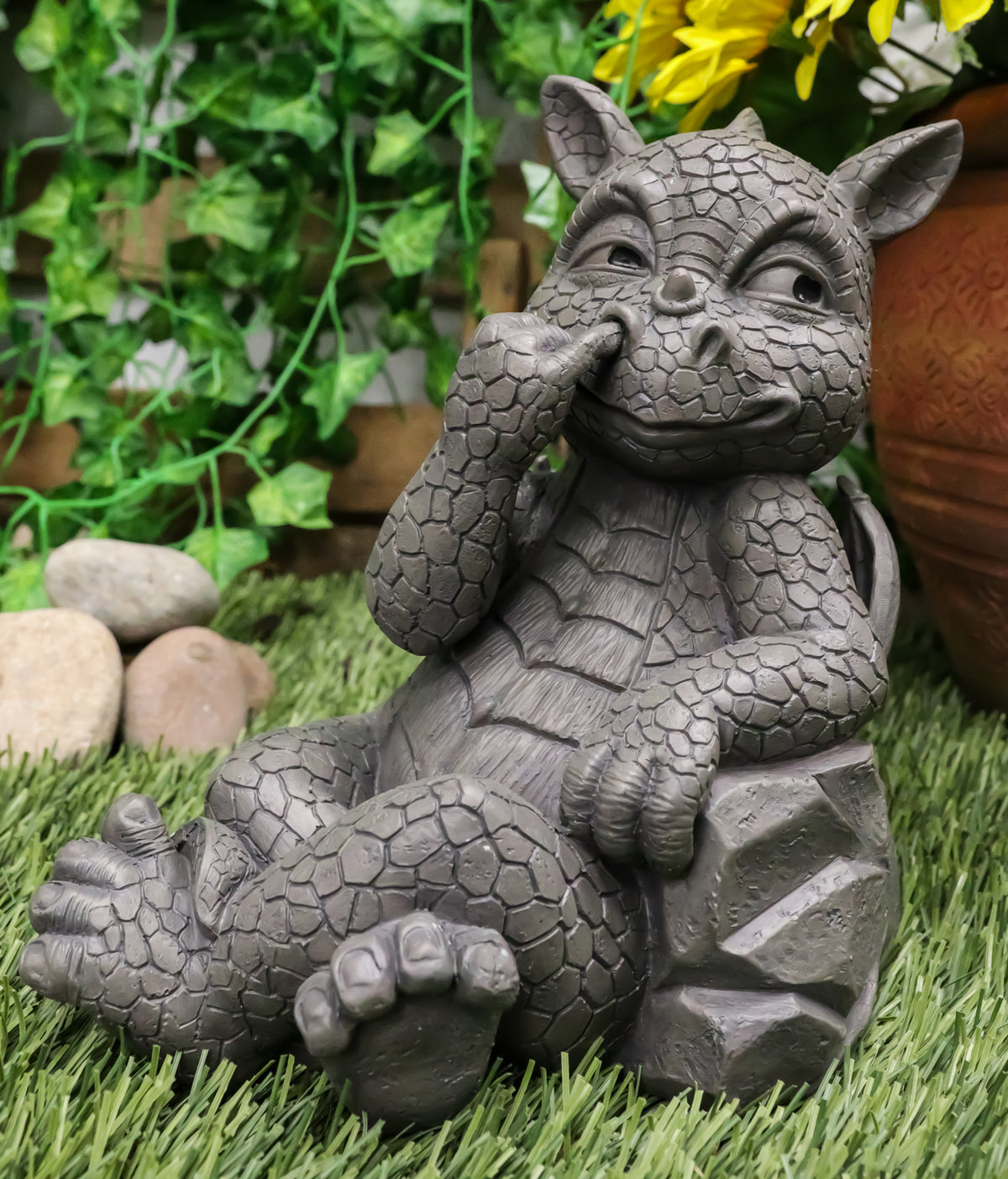 Ebros Whimsical Bad Habit Garden Dragon Picking Nose Statue Fantasy Dragons Decor - Ebros Gift