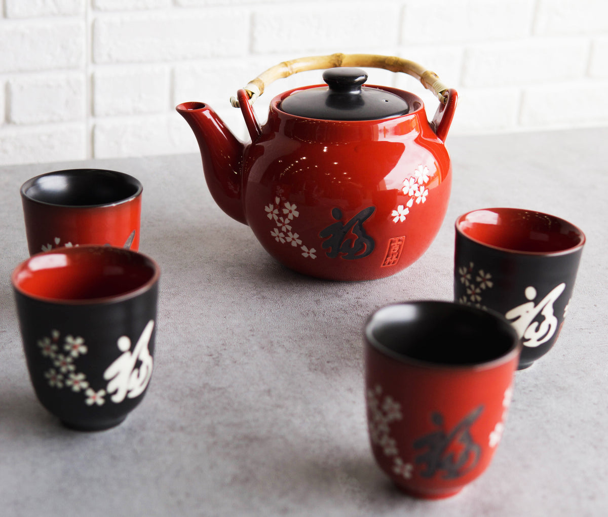 Sakura White Japanese Cherry Blossoms Porcelain Red Tea Pot 42oz And 4 Cups Set - Ebros Gift
