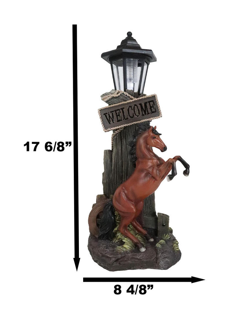 Ebros Western Rearing Horse with Welcome Sign Statue w/ Solar LED Lantern Light