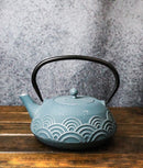 Silver Blue Seigaiha Waves Design Large Cast Iron Tetsubin Teapot 40oz Tea Pot