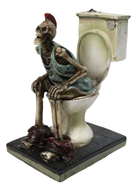 Still Constipated Funny Red Punk Mohawk Skeleton on Bathroom Toilet Figurine