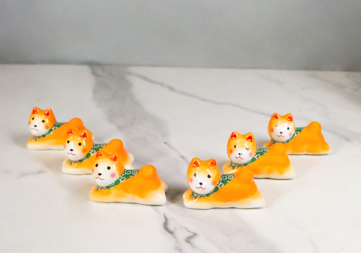Tan Shiba Inu Dog Ceramic Chopstick Rests Set of 6 with Bamboo Chopsticks