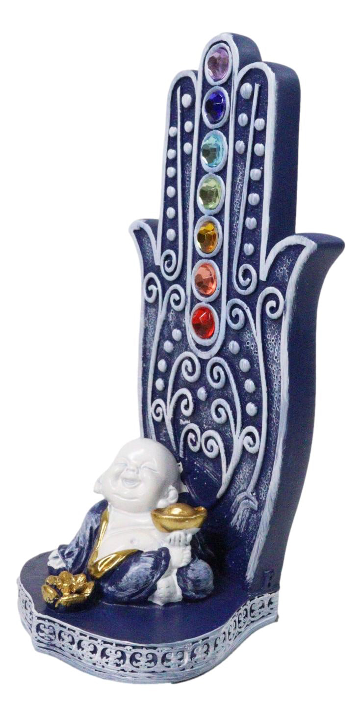 Ebros Blue Buddha Monk Hamsa Hand 7 Chakra Gemstone Incense Burner 6"H