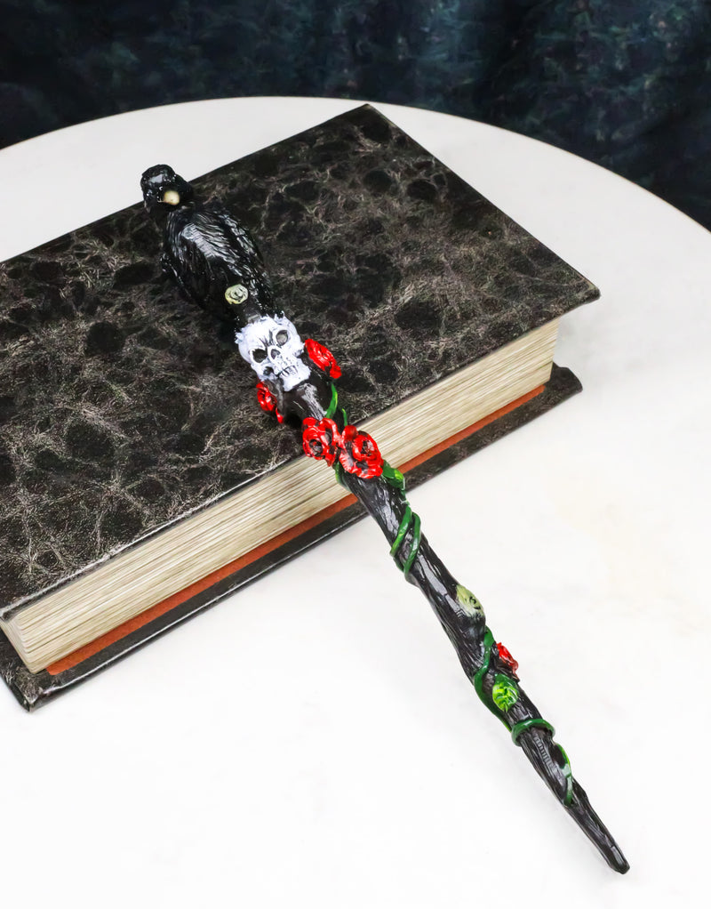 Fantasy Raven Crow Perching On White Skull with Rose Vines Decorative Magic Wand