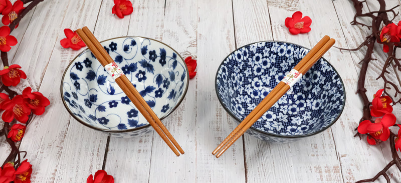 Ebros Japanese Vintage Floral Blue White Design Ceramic Bowl Set of 2 With Chopsticks