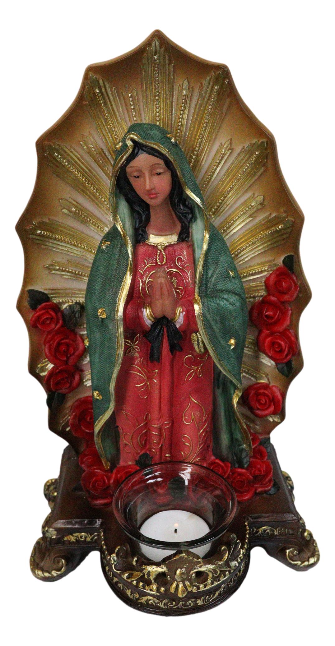 Our Blessed Mother Mary Lady of Guadalupe With Roses Candleholder Figurine 11"H