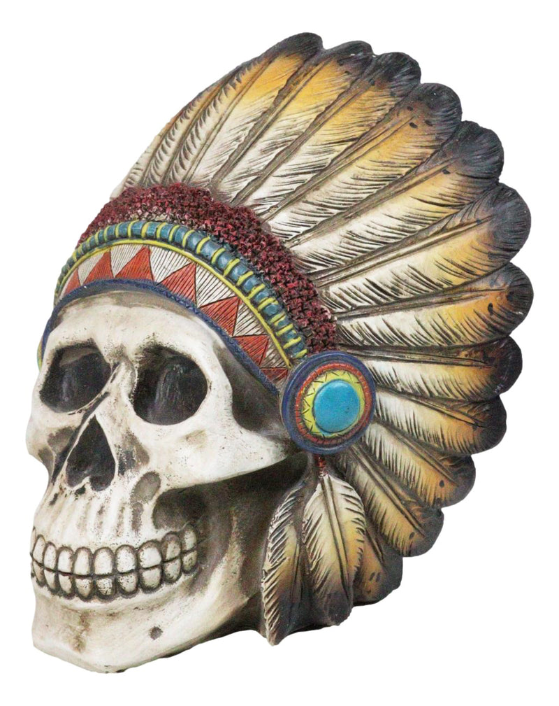 Indian Eagle Chief Skull with Turquoise Rocks Tribal Warrior Headdress Figurine