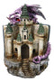 Purple Dragon Guarding LED Medieval Castle On Rocks With Book of Spells Figurine