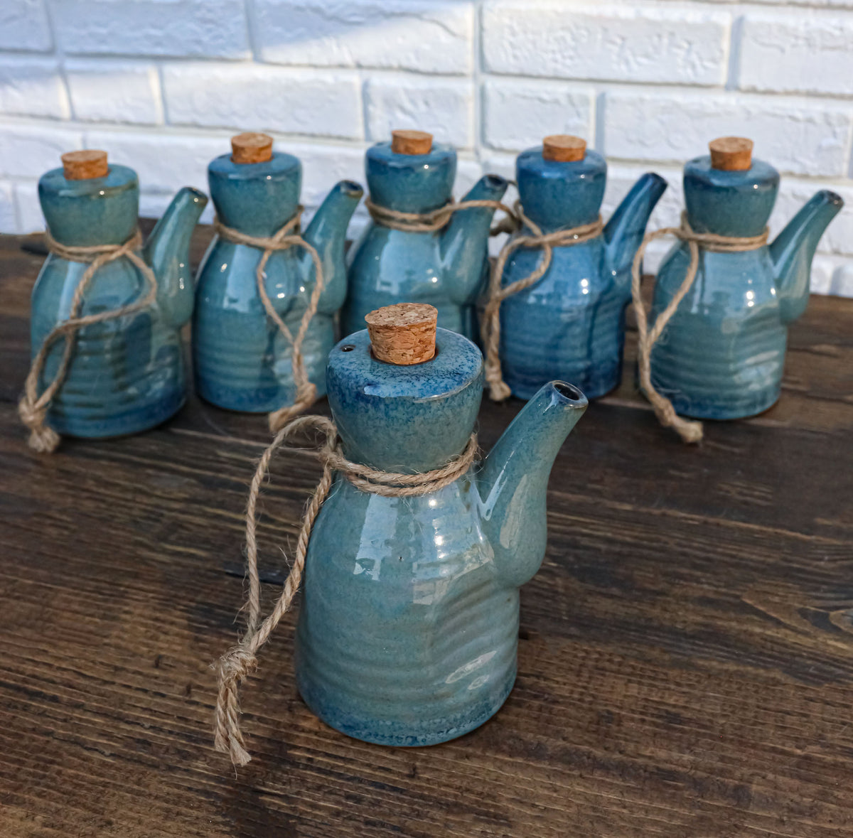 Pack of 6 Porcelain Cool Blue Soy Sauce Vinegar Condiment Dispenser Flask 7oz
