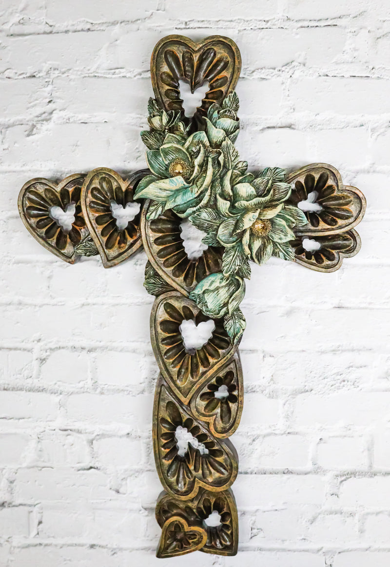 Rustic Western Blooming Flowers Garland With Hearts Decorative Wall Cross